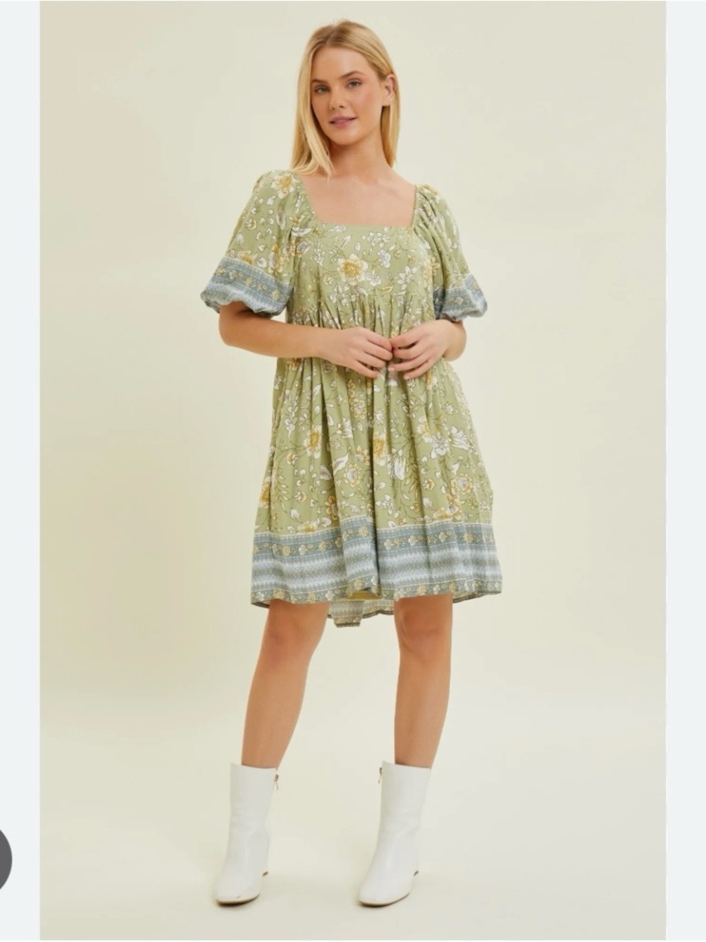 Womens’ Floral Smocked Dress with Blue Border
